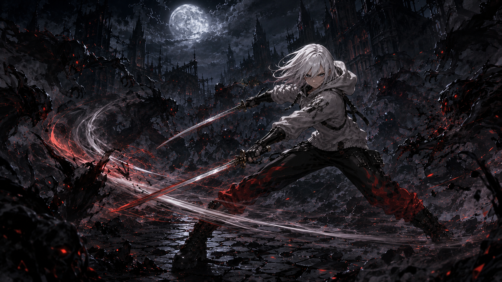 Protagonista lutando contra uma horda de monstros